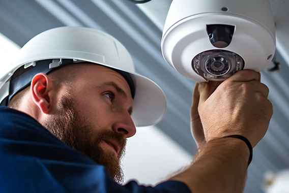 Lavoratore che installa un sistema di sicurezza in un magazzino.