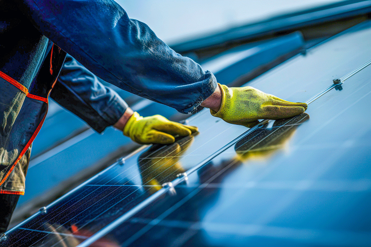 Due mani che indossano un paio di guanti gialli e installano un impianto solare sul tetto di un magazzino